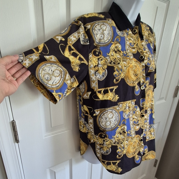 J. Andrews Vintage 2 Piece Shirt Shorts Gold Lion Clock Watch Print Womens Small - Picture 10 of 16